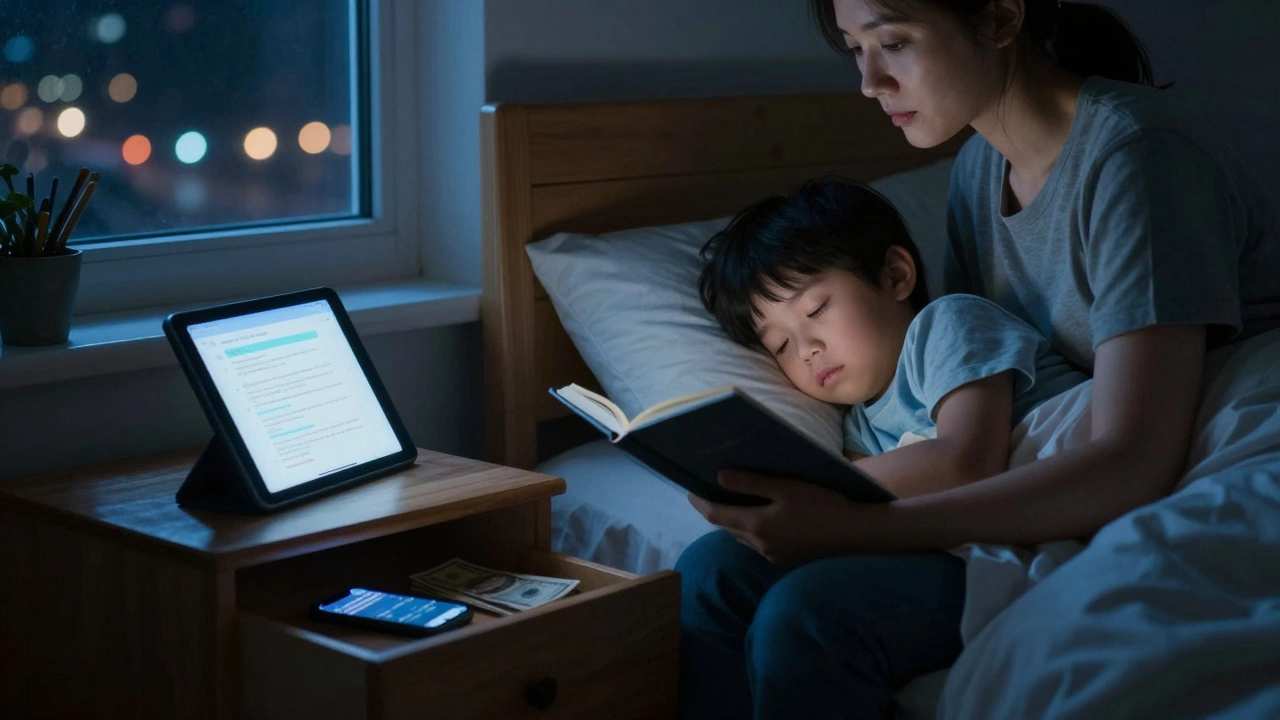 A mother reads a bedtime story to her child at night, a second phone and cash on the dresser beside a glowing tablet.