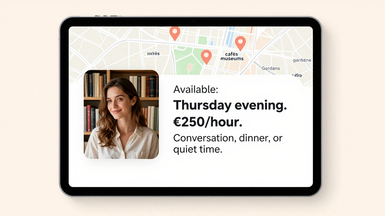 A professional escort&#039;s discreet online profile shows her beside a bookshelf with a map of Paris marked with cultural spots.