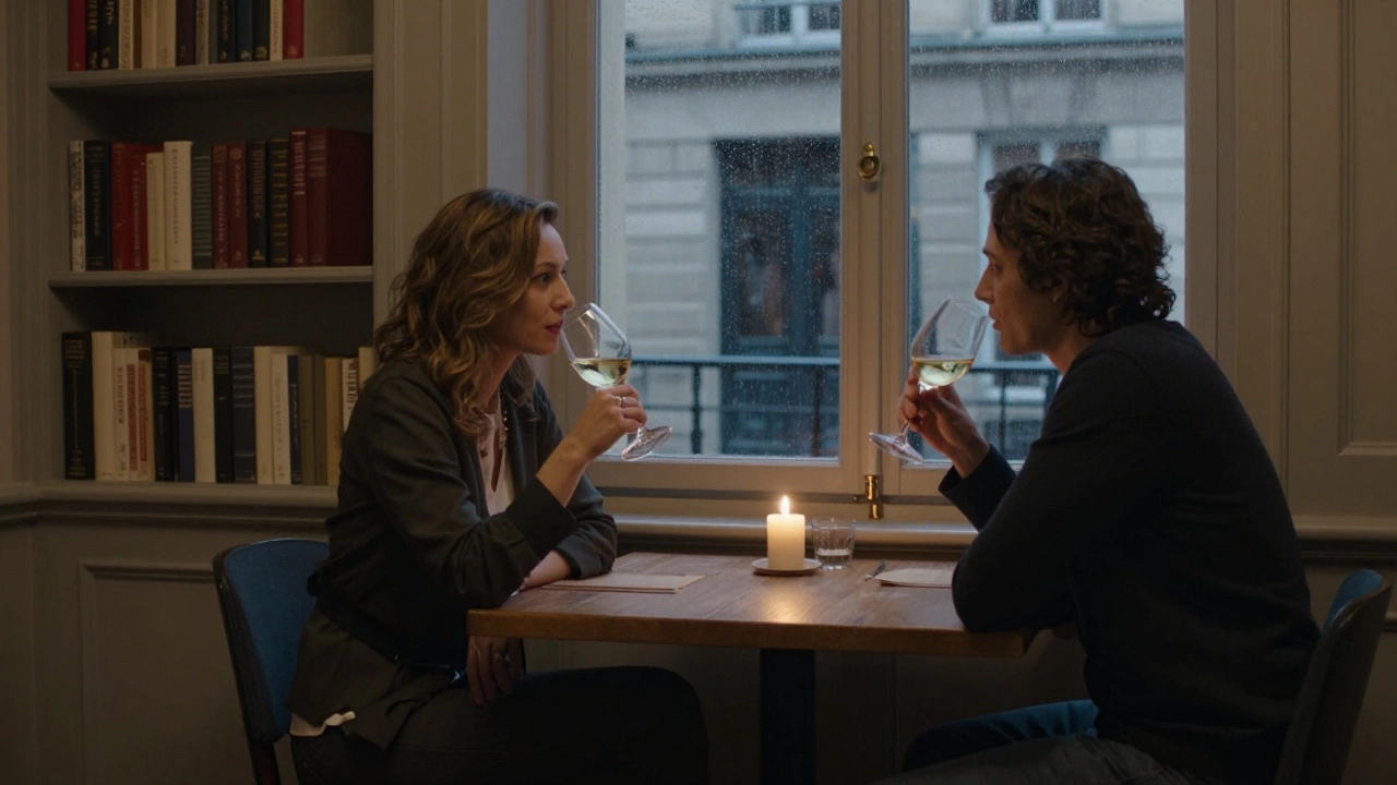 Two people sit quietly at a wooden table in a Paris apartment, sipping wine by candlelight as rain falls outside.